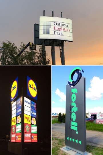 Gigantické světelné instalace v podobě pylonů a totemů – impozantní monumenty pro maximální viditelnost značky, ideální pro nákupní centra, benzínové stanice, hotely a administrativní komplexy. Pylony a svítící sloupy přitahují pozornost už z dálky a zajišťují atraktivní prezentaci na frekventovaných místech