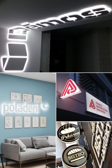 Světelné instalace a výstrče na fasádách – zajišťují viditelnost z různých úhlů pro širokou škálu prostor, včetně obchodních center, kancelářských budov, hotelů, restaurací, kaváren a obchodů. 3D písmena a světelné výstrče poskytují atraktivní podsvícení a silnou vizuální přítomnost pro lepší orientaci a zviditelnění značky.